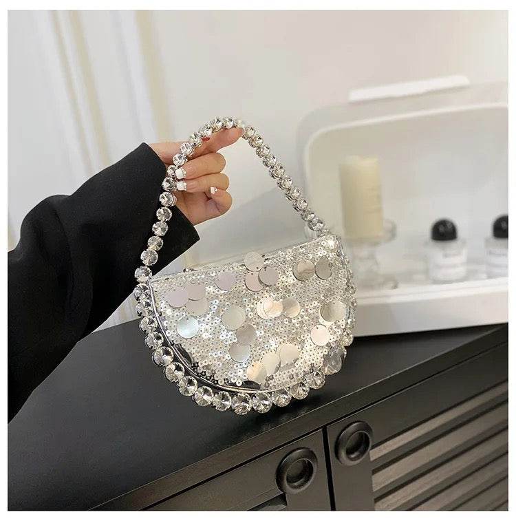 Rhinestone Sequin Clutch In Silver - REBECATHELABEL