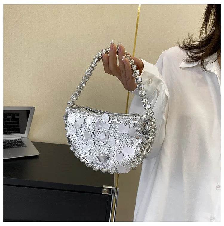 Rhinestone Sequin Clutch In Silver - REBECATHELABEL