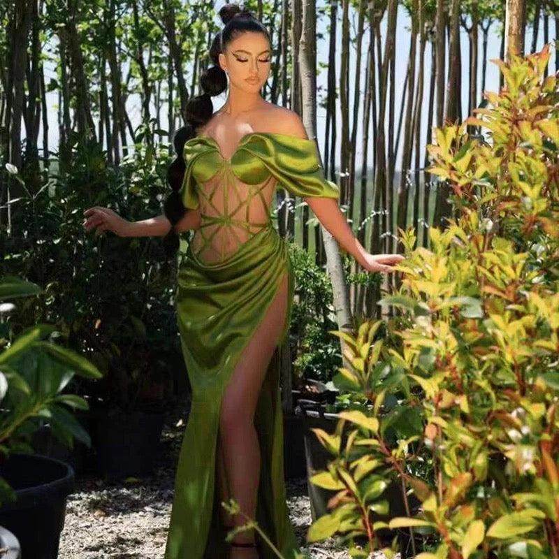 Ribbed Sexy Deep V Neck High Waist Split dress - REBECATHELABEL