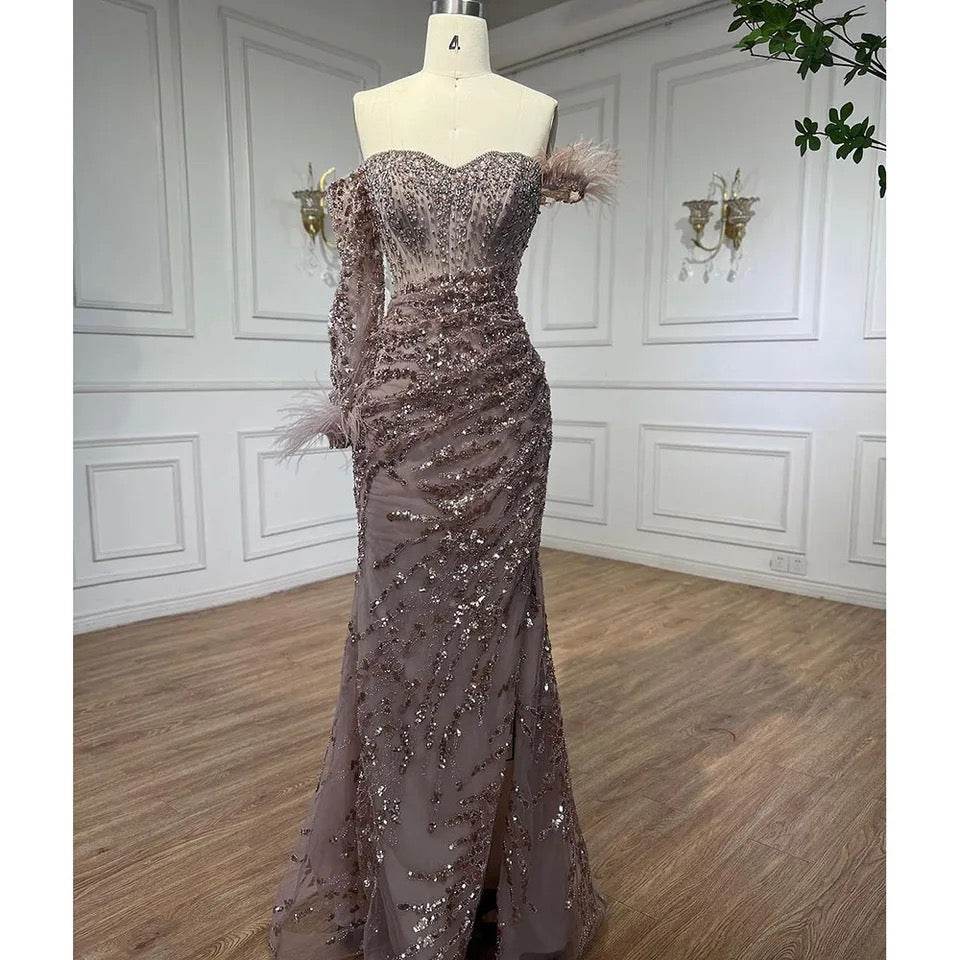 Rose Gold Off Shoulder One Sleeve Mermaid Feathers Evening Dress - REBECATHELABEL
