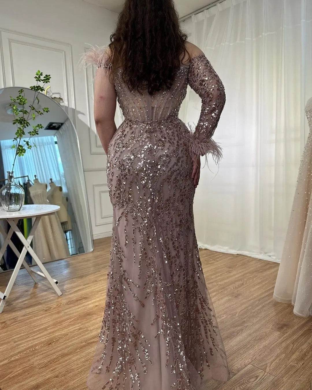 Rose Gold Off Shoulder One Sleeve Mermaid Feathers Evening Dress - REBECATHELABEL