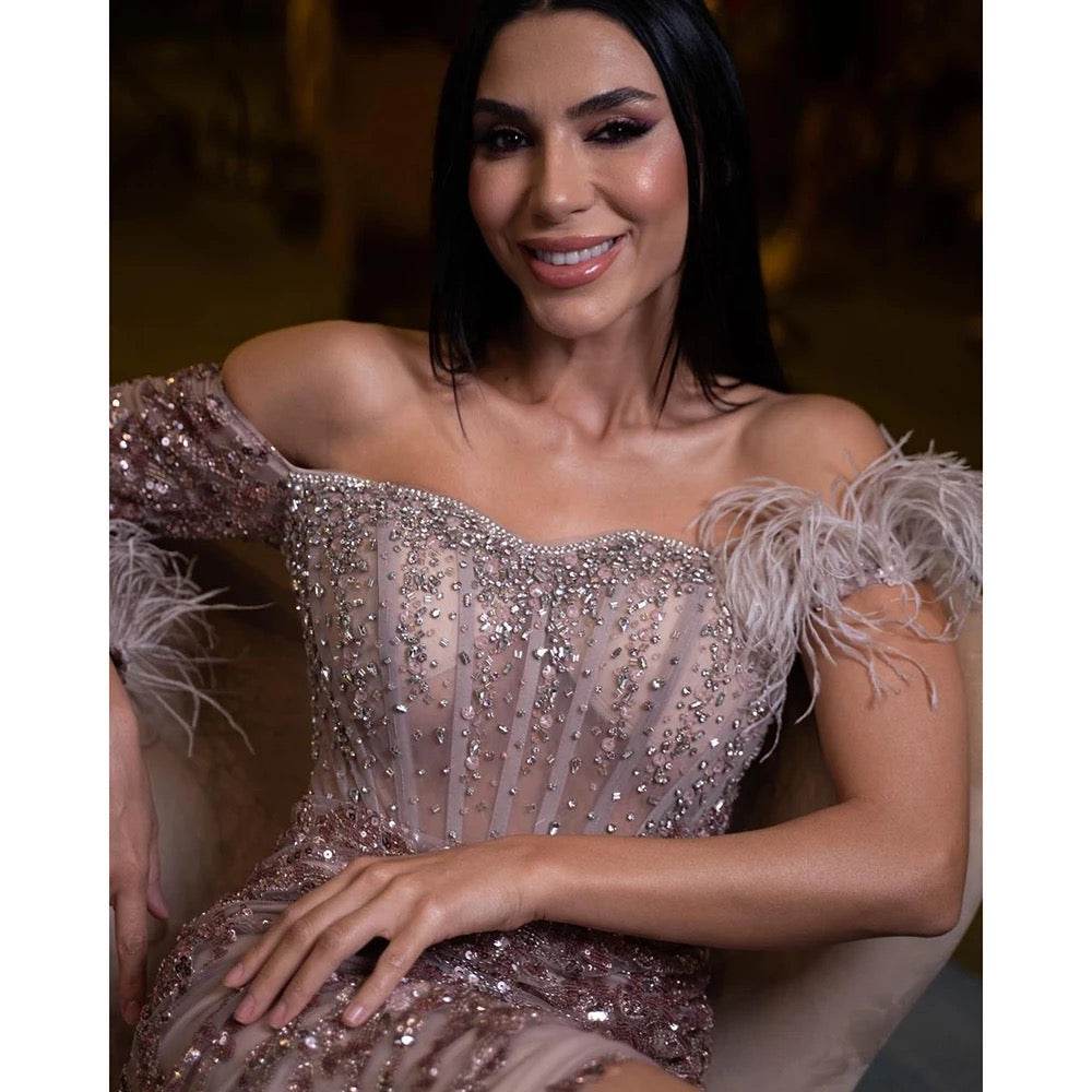 Rose Gold Off Shoulder One Sleeve Mermaid Feathers Evening Dress - REBECATHELABEL