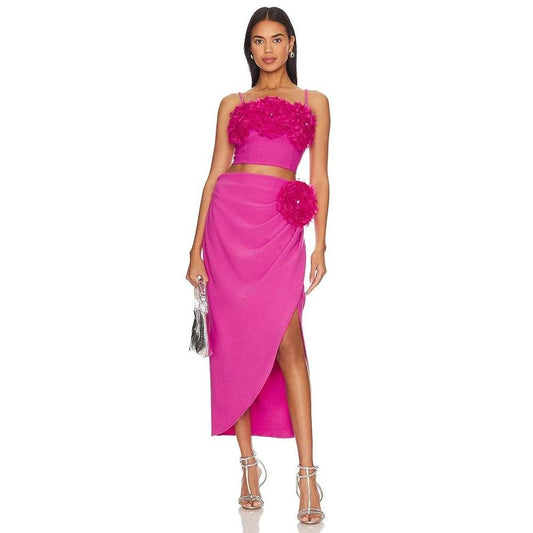 Rose Red Large 3D Flower Short Top+Pleated Wrap Skirt 2 Set - REBECATHELABEL
