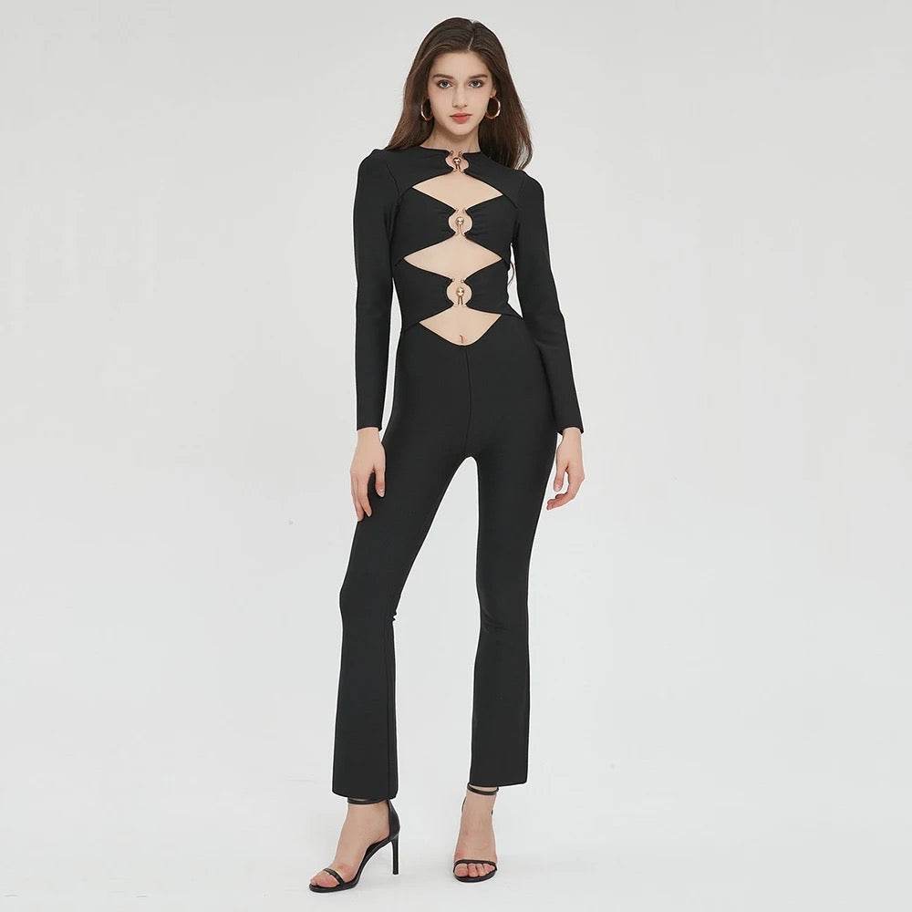 Round Neck Hollow Tight Bandage Jumpsuit - REBECATHELABEL