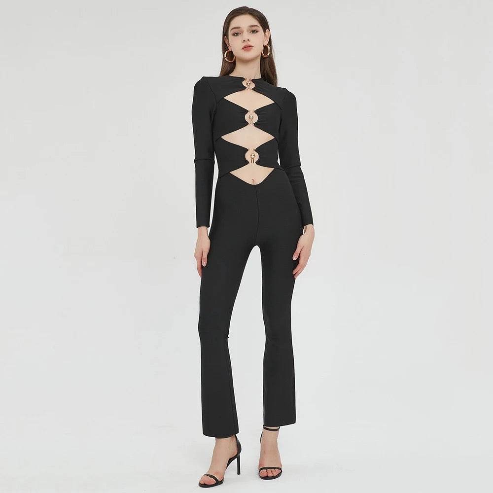 Round Neck Hollow Tight Bandage Jumpsuit - REBECATHELABEL