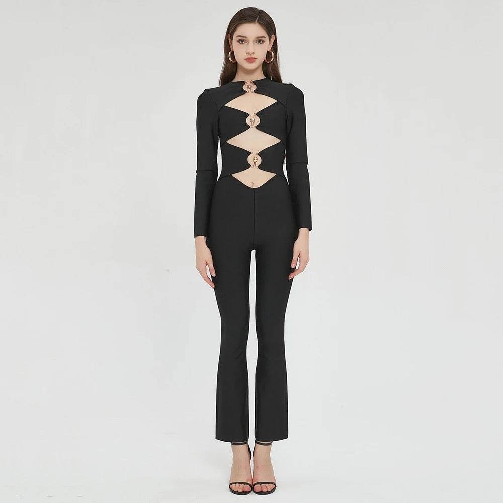 Round Neck Hollow Tight Bandage Jumpsuit - REBECATHELABEL