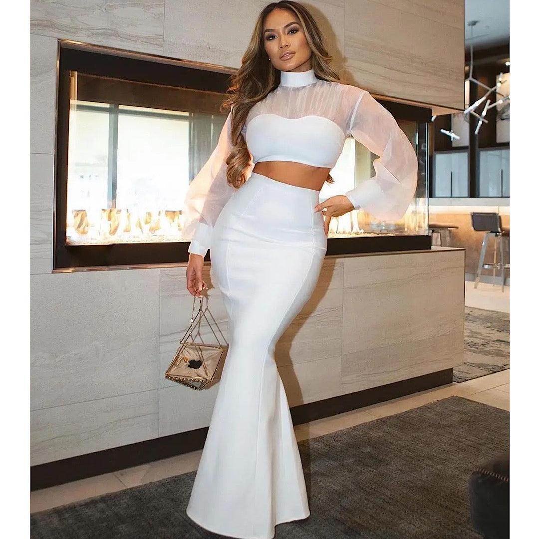 Round Neck Mesh Short Top Fishtail Skirt Suit - REBECATHELABEL