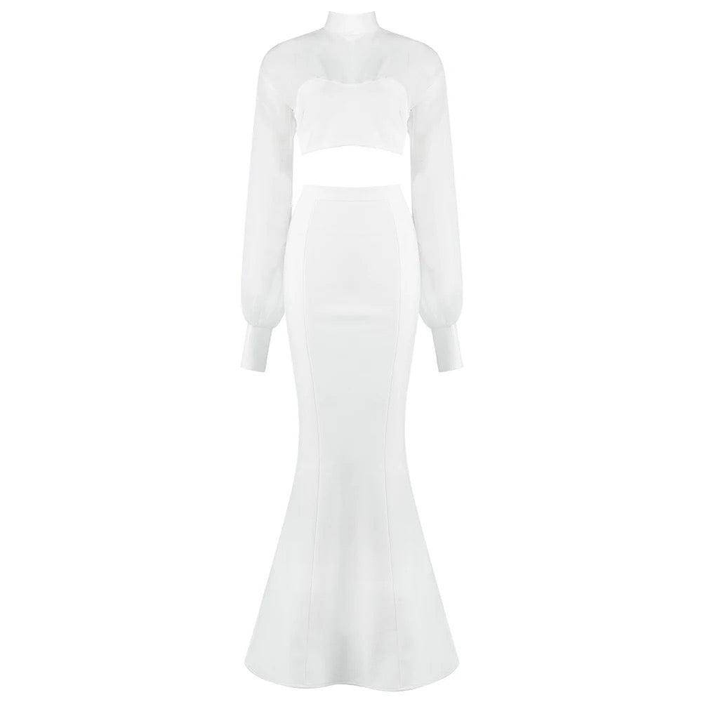 Round Neck Mesh Short Top Fishtail Skirt Suit - REBECATHELABEL