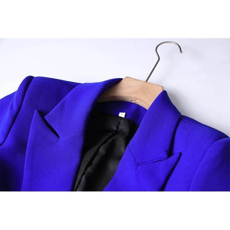 Royal Blue One Button Mid Length Fitted Blazer set - REBECATHELABEL