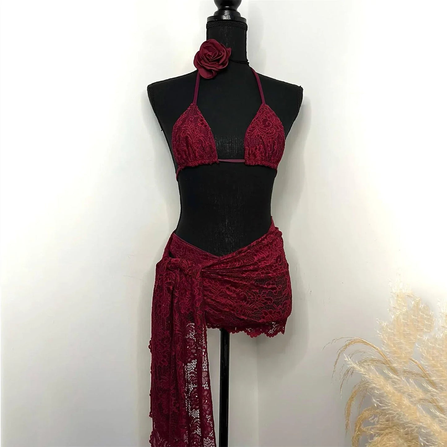 3Packs Lace Bikini Set With Beach Skirt Flower Sexy Swimsuit Red Swimwear Female Crochet Dress Bathingsuit Sarongs Biquini