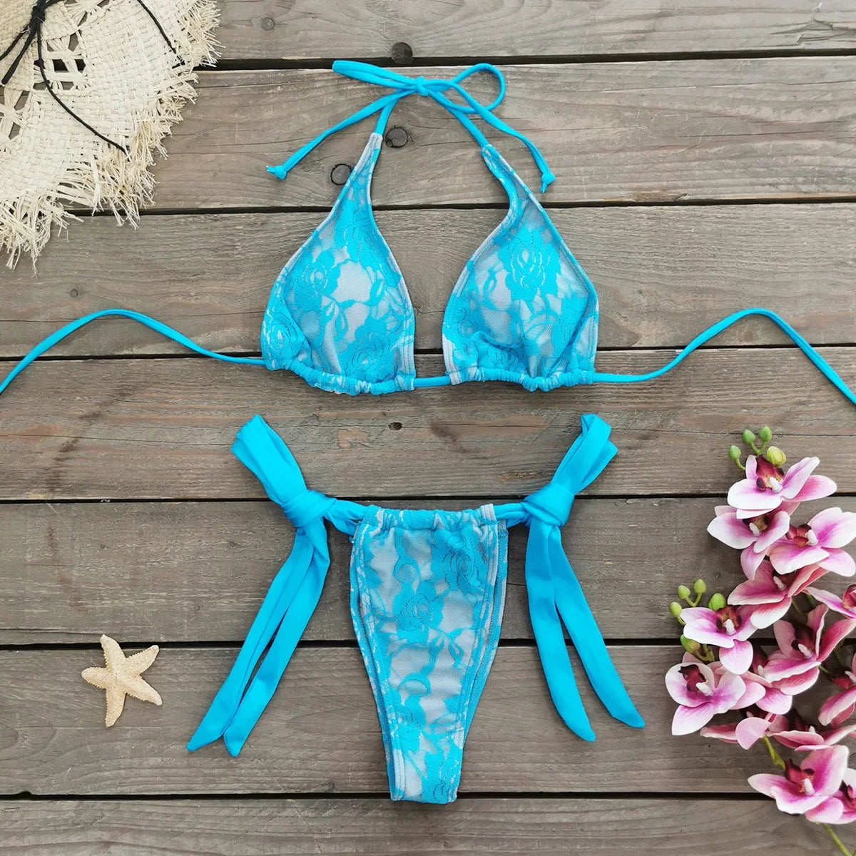 Micro Thong Swimwear with Long Sleeve Cover Up Side Beach Bathing Suit Halter String Swimsuits