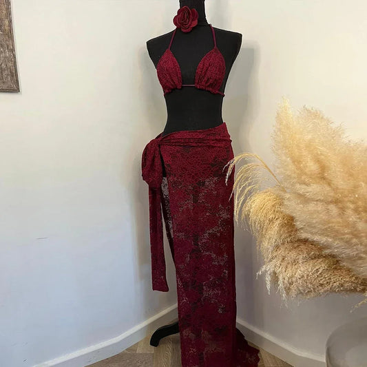 3Packs Lace Bikini Set With Beach Skirt Flower Sexy Swimsuit Red Swimwear Female Crochet Dress Bathingsuit Sarongs Biquini