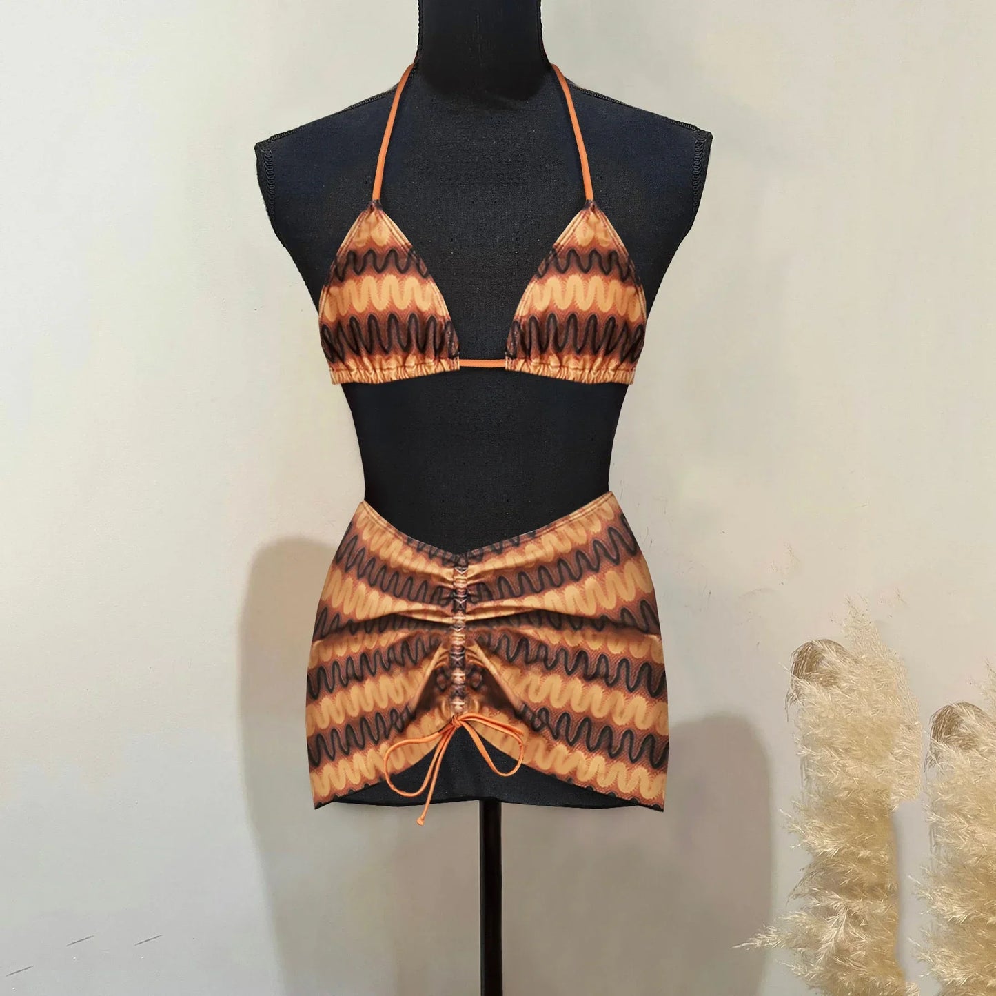 3Packs Lace Bikini Set With Beach Skirt Flower Sexy Swimsuit Red Swimwear Female Crochet Dress Bathingsuit Sarongs Biquini