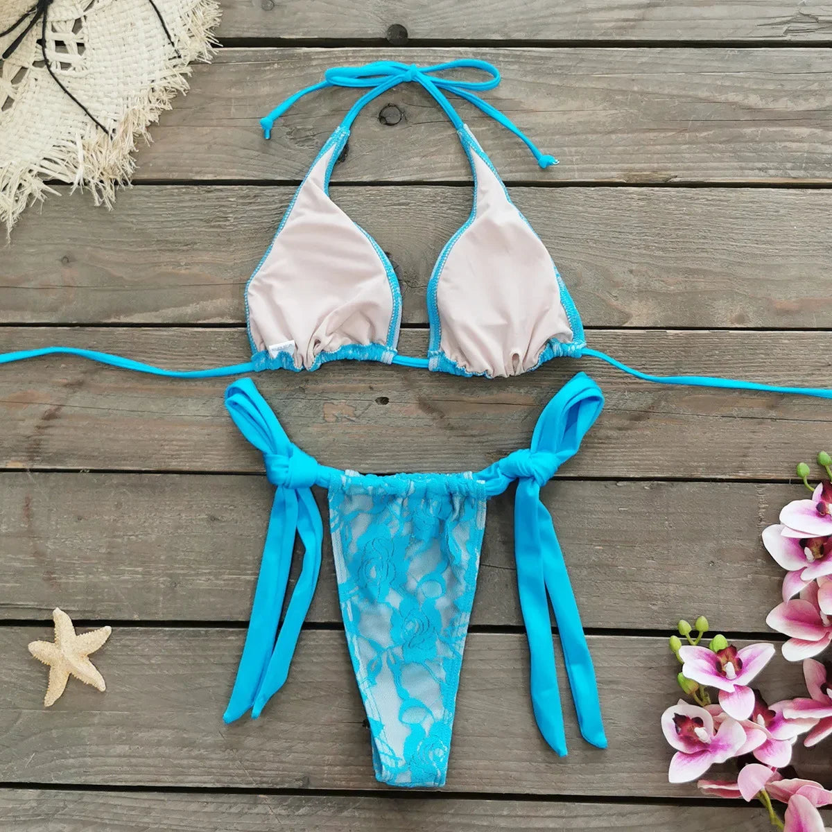 Micro Thong Swimwear with Long Sleeve Cover Up Side Beach Bathing Suit Halter String Swimsuits