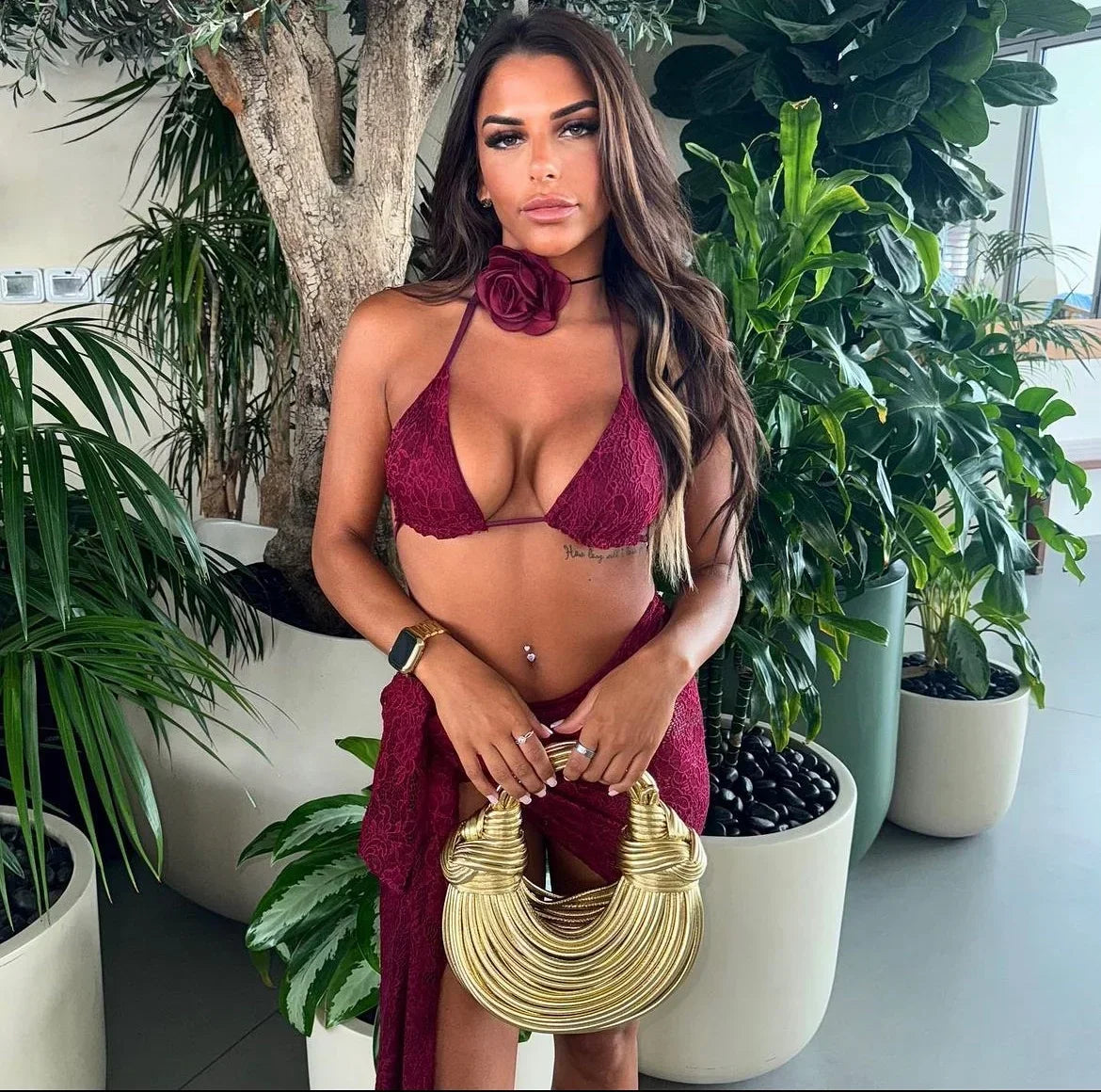 3Packs Lace Bikini Set With Beach Skirt Flower Sexy Swimsuit Red Swimwear Female Crochet Dress Bathingsuit Sarongs Biquini