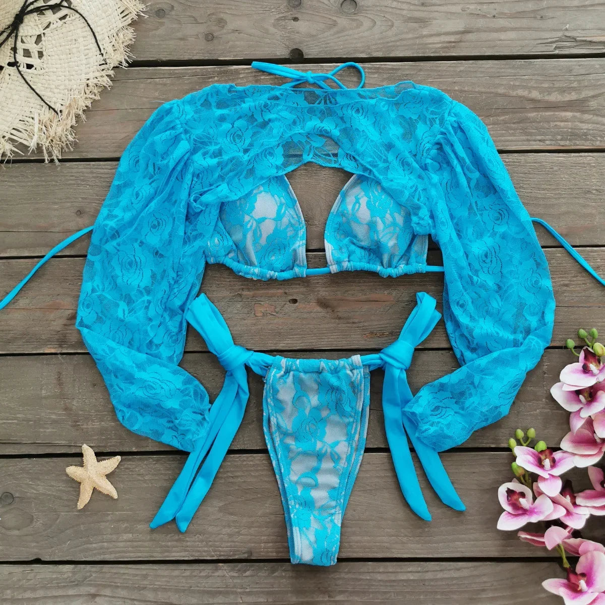 Micro Thong Swimwear with Long Sleeve Cover Up Side Beach Bathing Suit Halter String Swimsuits