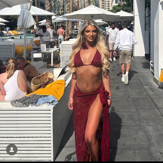 3Packs Lace Bikini Set With Beach Skirt Flower Sexy Swimsuit Red Swimwear Female Crochet Dress Bathingsuit Sarongs Biquini