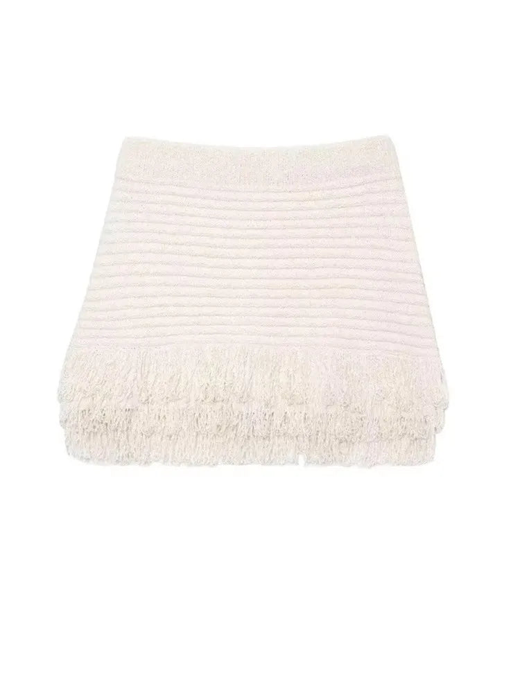 Joskaa Tassel Short Sleeve Casual Knitted Top tshirt Cardigan Skirt set