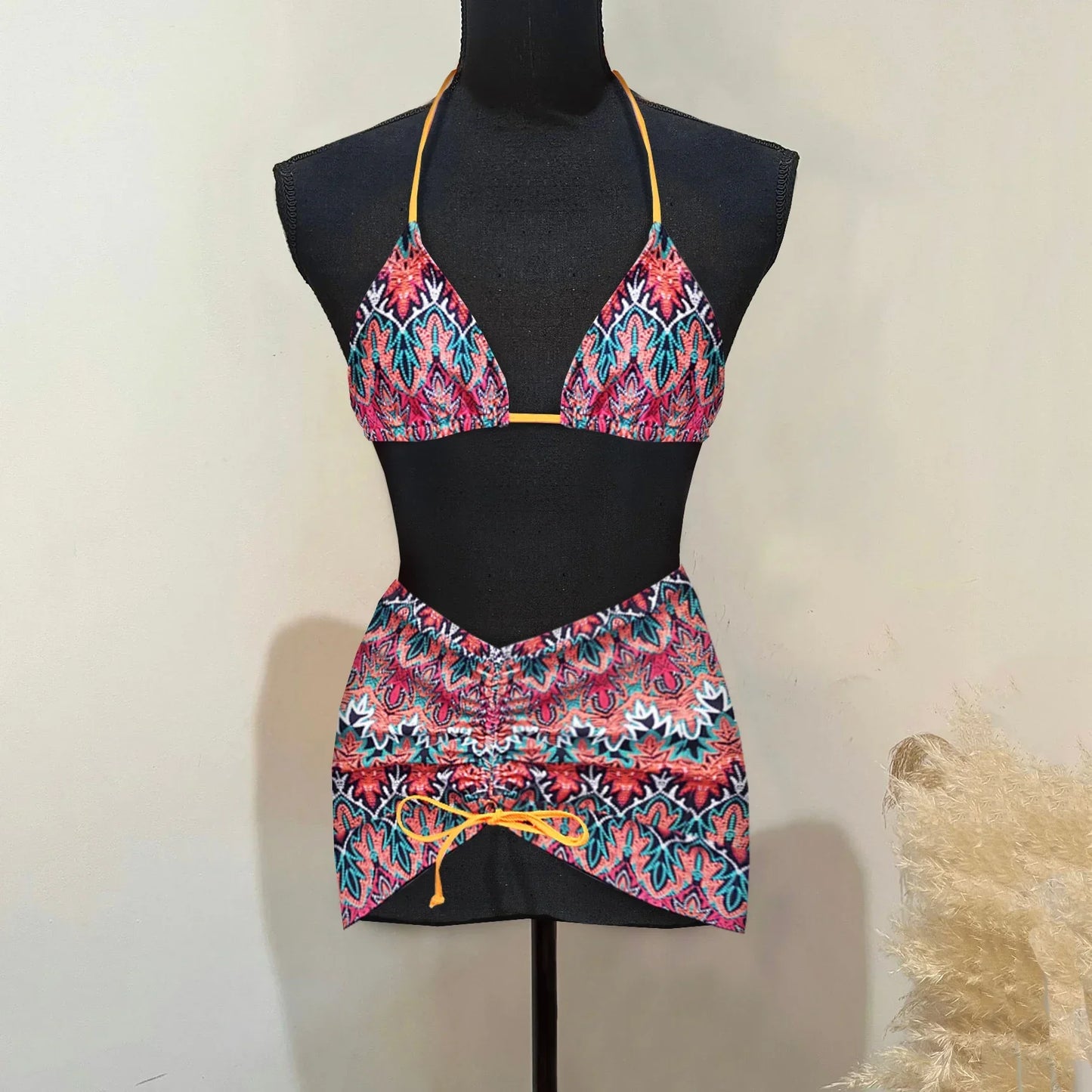 3Packs Lace Bikini Set With Beach Skirt Flower Sexy Swimsuit Red Swimwear Female Crochet Dress Bathingsuit Sarongs Biquini