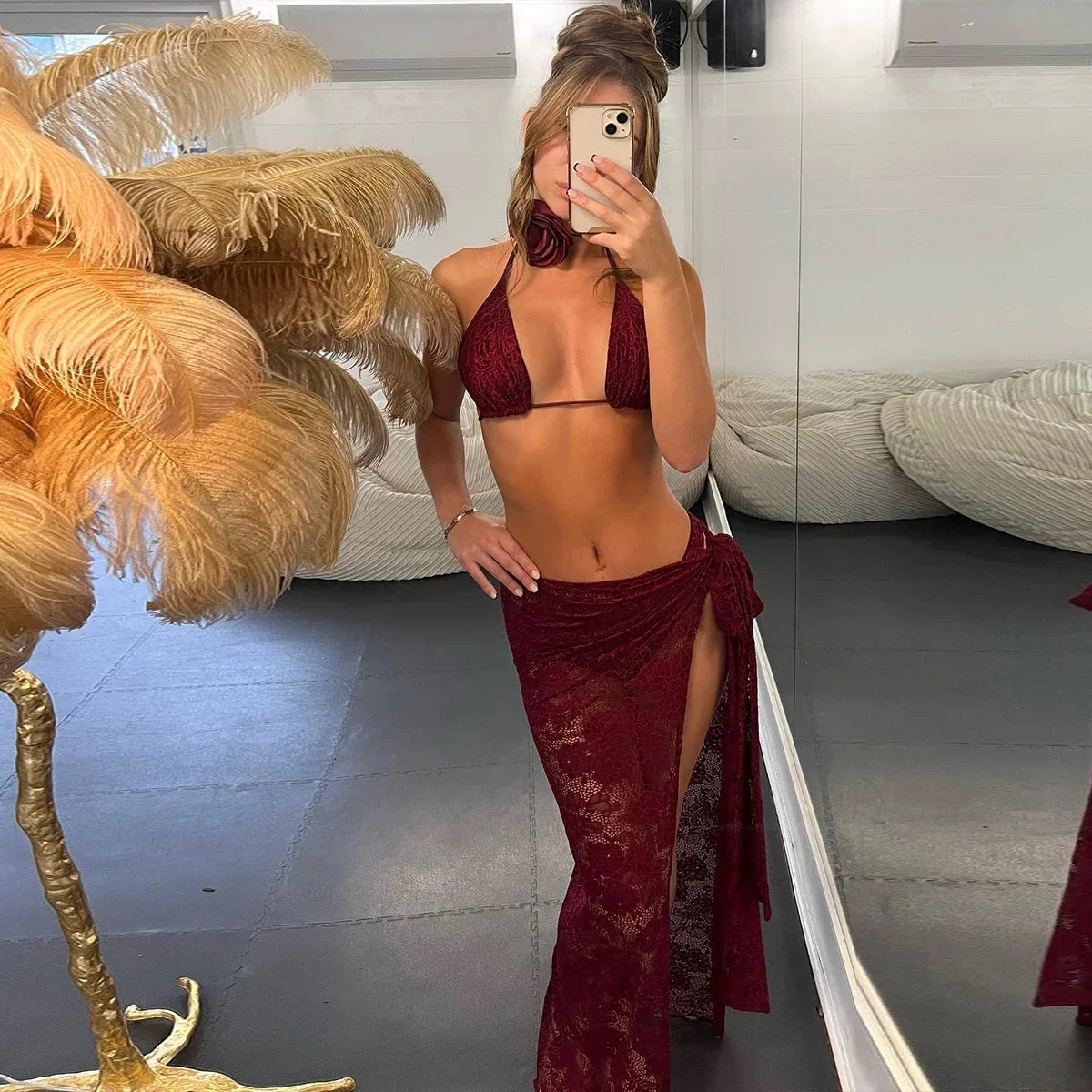 3Packs Lace Bikini Set With Beach Skirt Flower Sexy Swimsuit Red Swimwear Female Crochet Dress Bathingsuit Sarongs Biquini