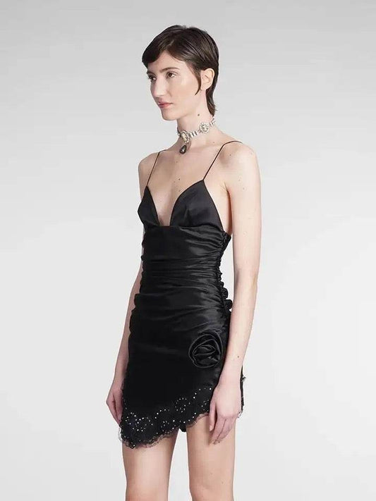 Satin Lace Sexy V-neck Backless dress - REBECATHELABEL