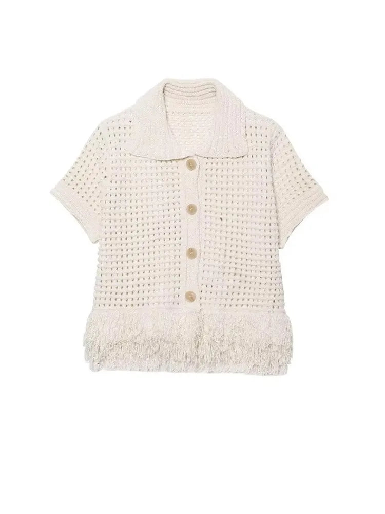 Joskaa Tassel Short Sleeve Casual Knitted Top tshirt Cardigan Skirt set