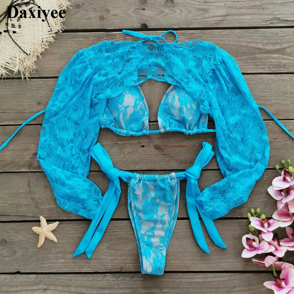 Micro Thong Swimwear with Long Sleeve Cover Up Side Beach Bathing Suit Halter String Swimsuits