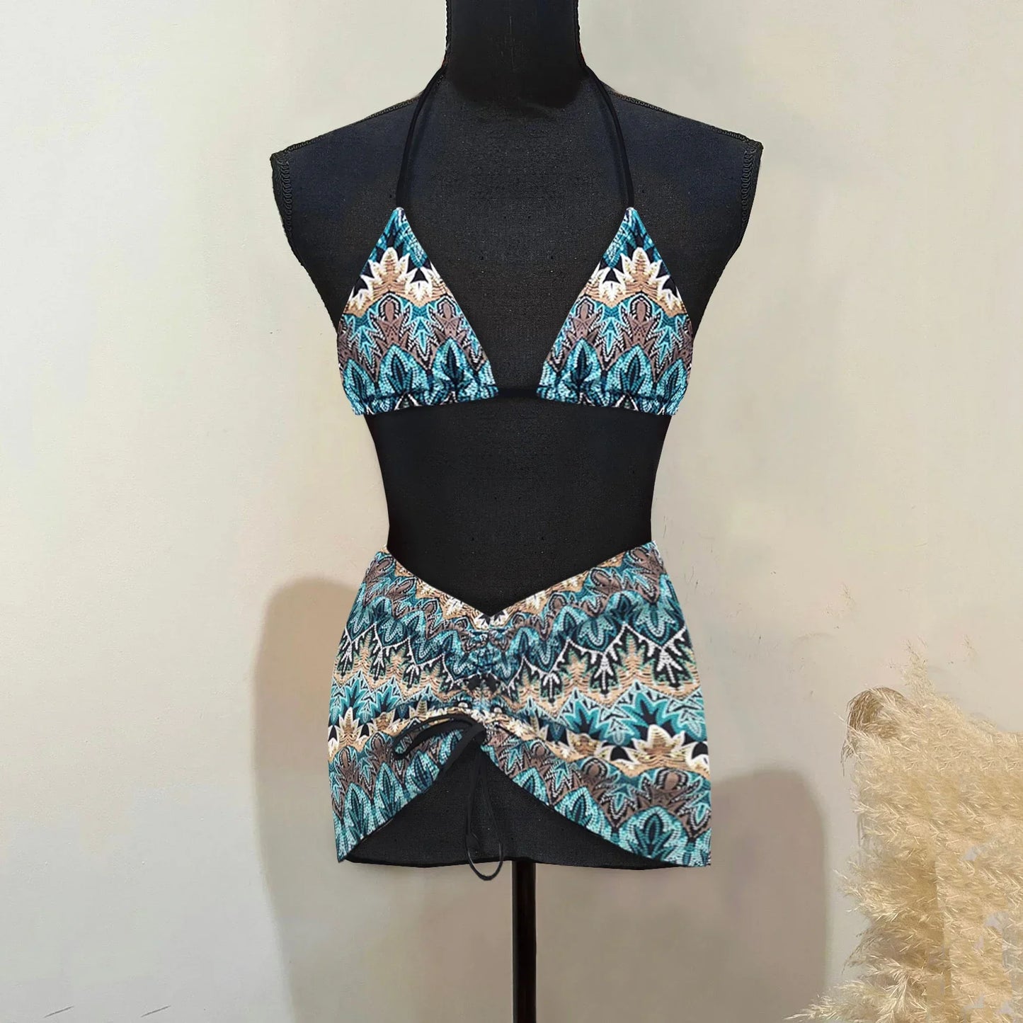 3Packs Lace Bikini Set With Beach Skirt Flower Sexy Swimsuit Red Swimwear Female Crochet Dress Bathingsuit Sarongs Biquini