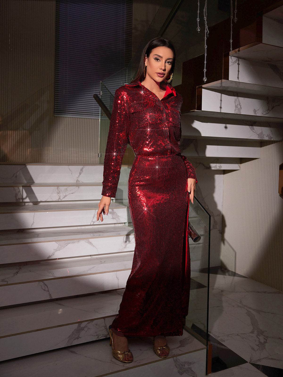 Sequin Button Shirt Split Skirt Set - REBECATHELABEL