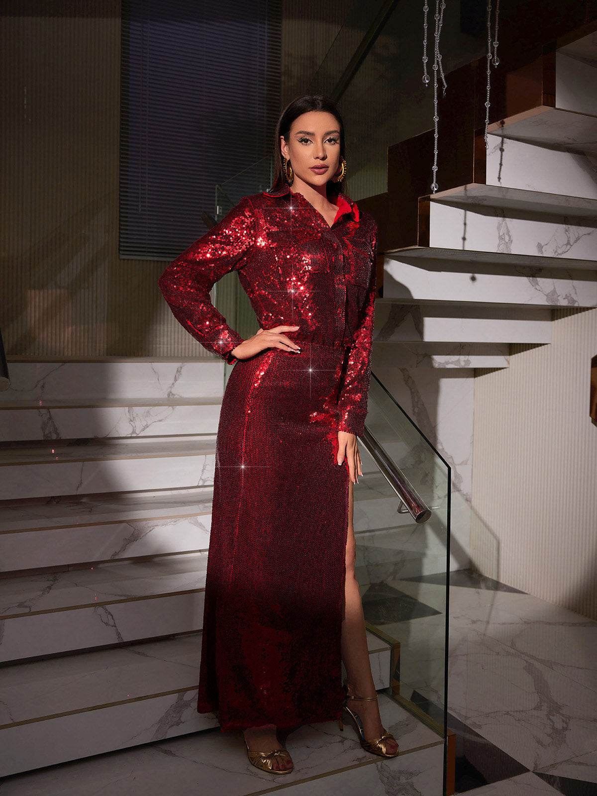 Sequin Button Shirt Split Skirt Set - REBECATHELABEL