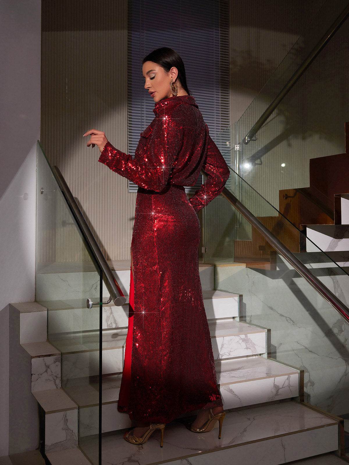 Sequin Button Shirt Split Skirt Set - REBECATHELABEL