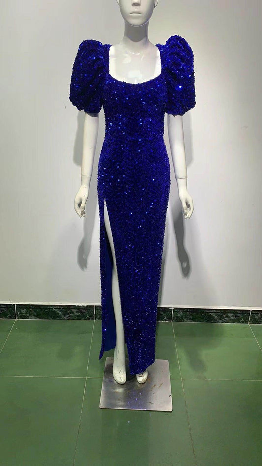 Sequined Glitter Square Collar Puff Sleeve High Split Maxi Dress - REBECATHELABEL