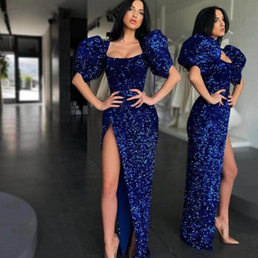 Sequined Glitter Square Collar Puff Sleeve High Split Maxi Dress - REBECATHELABEL