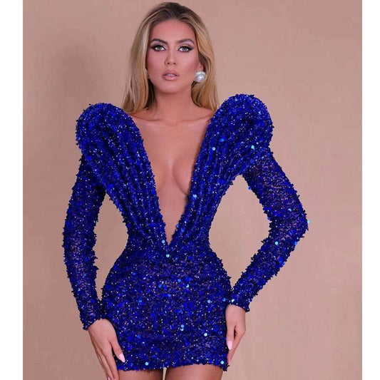 Sequined Mini Sexy Deep V Neck Long Sleeve dress - REBECATHELABEL
