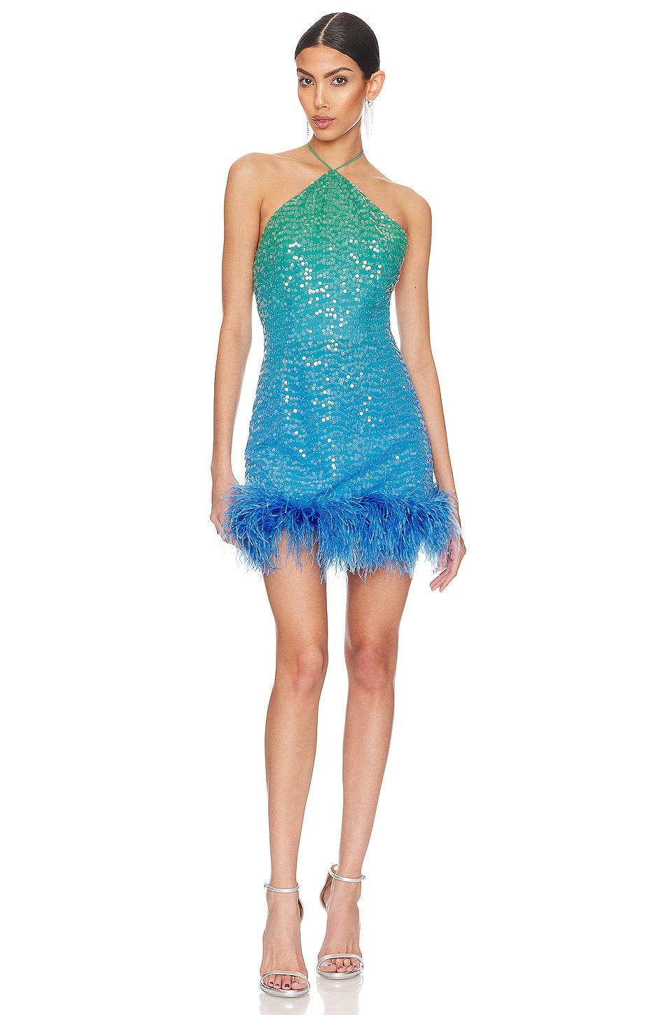Sequins Feather Gradient Mini Dress - REBECATHELABEL