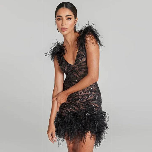 Sequins Feather V-neck Sleeveless Backless Tight Mini Dress - REBECATHELABEL