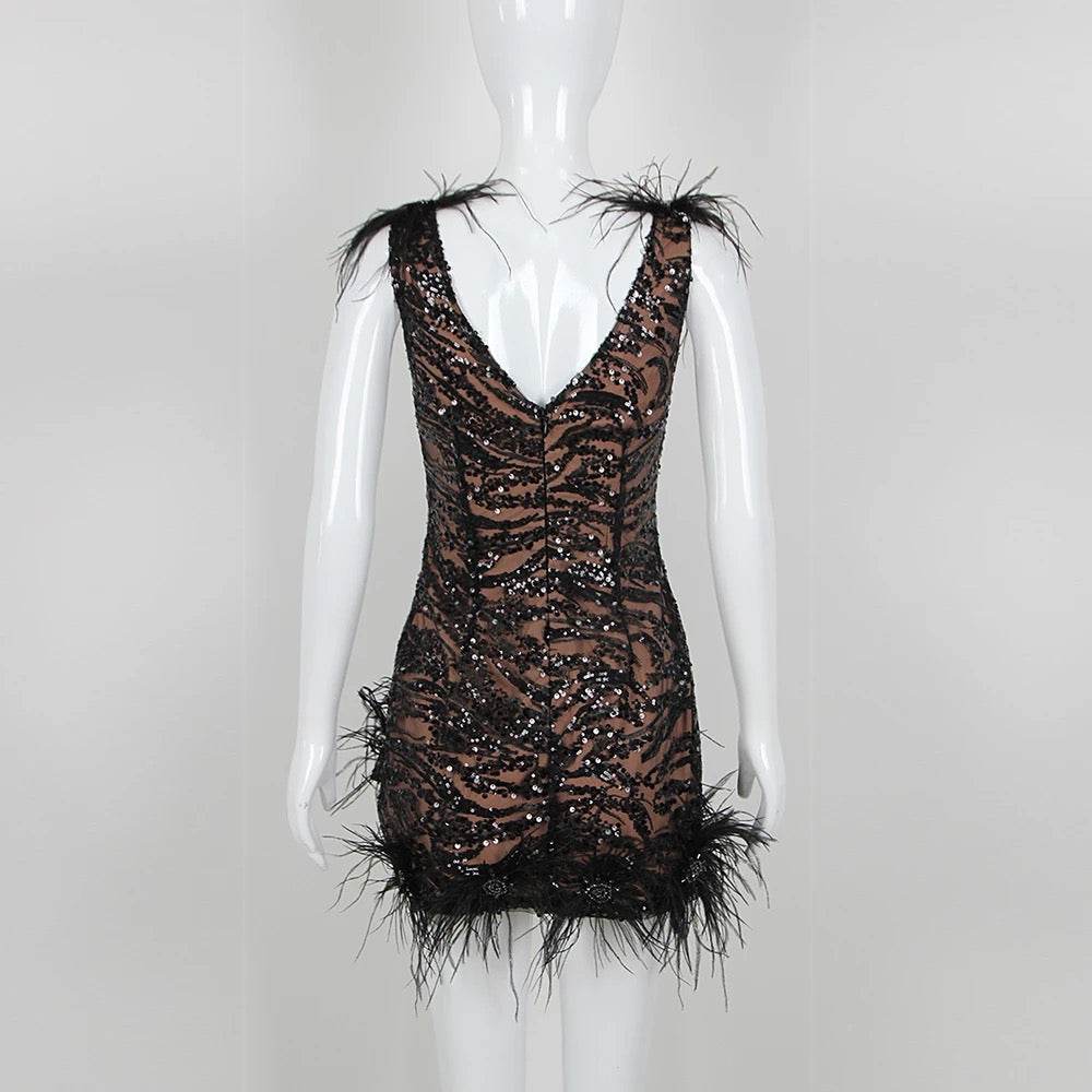 Sequins Feather V-neck Sleeveless Backless Tight Mini Dress - REBECATHELABEL