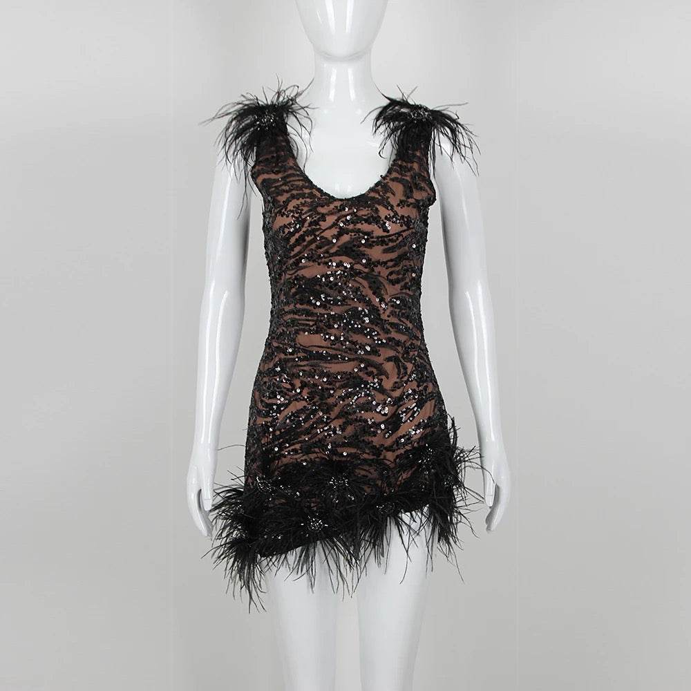 Sequins Feather V-neck Sleeveless Backless Tight Mini Dress - REBECATHELABEL