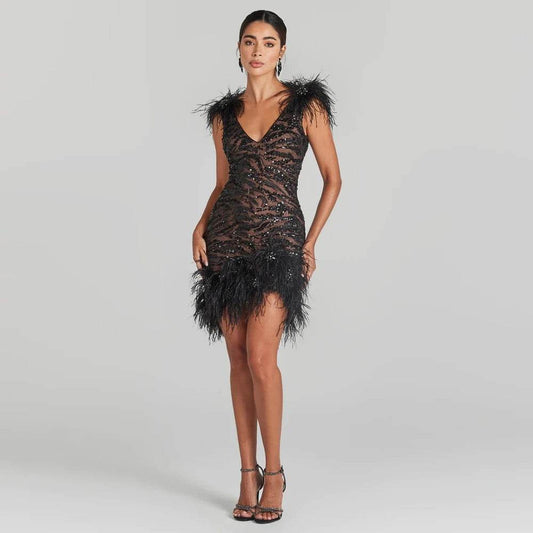 Sequins Feather V-neck Sleeveless Backless Tight Mini Dress - REBECATHELABEL