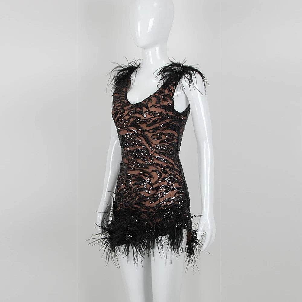 Sequins Feather V-neck Sleeveless Backless Tight Mini Dress - REBECATHELABEL
