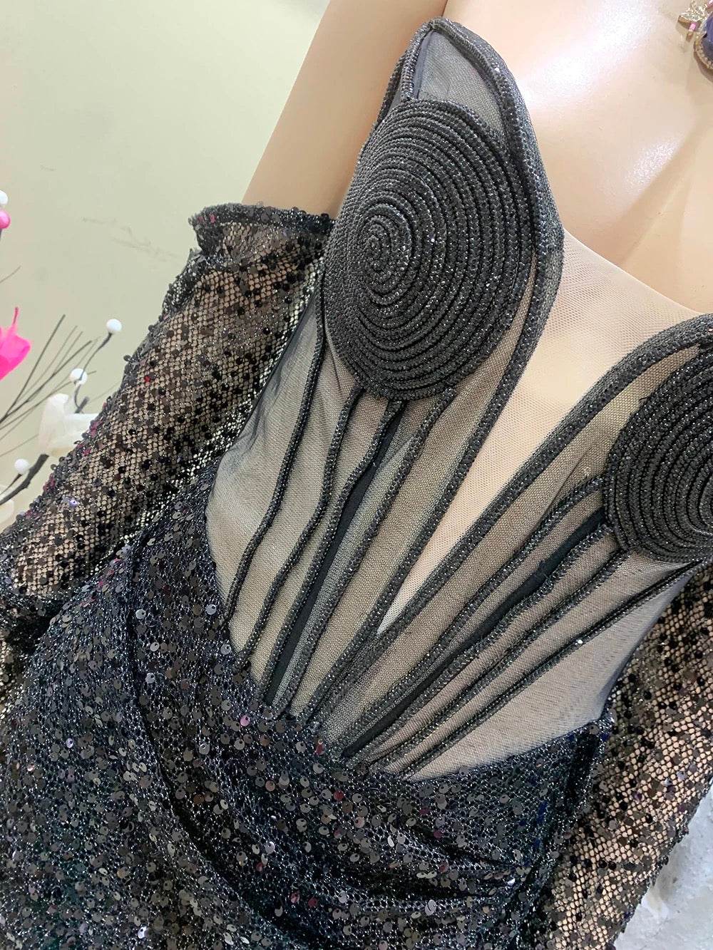 Sequins Off Shoulder Long Sleeve Tight Draped Mini Dress - REBECATHELABEL