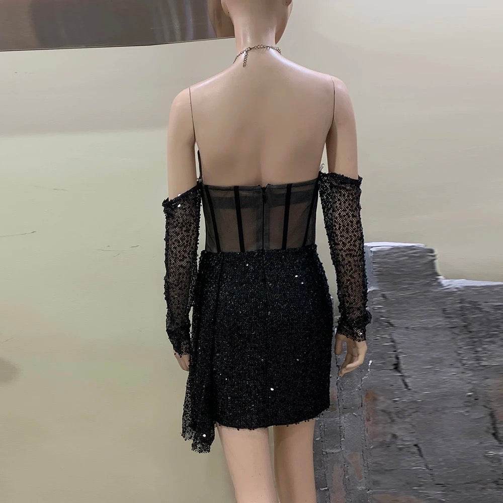 Sequins Off Shoulder Long Sleeve Tight Draped Mini Dress - REBECATHELABEL