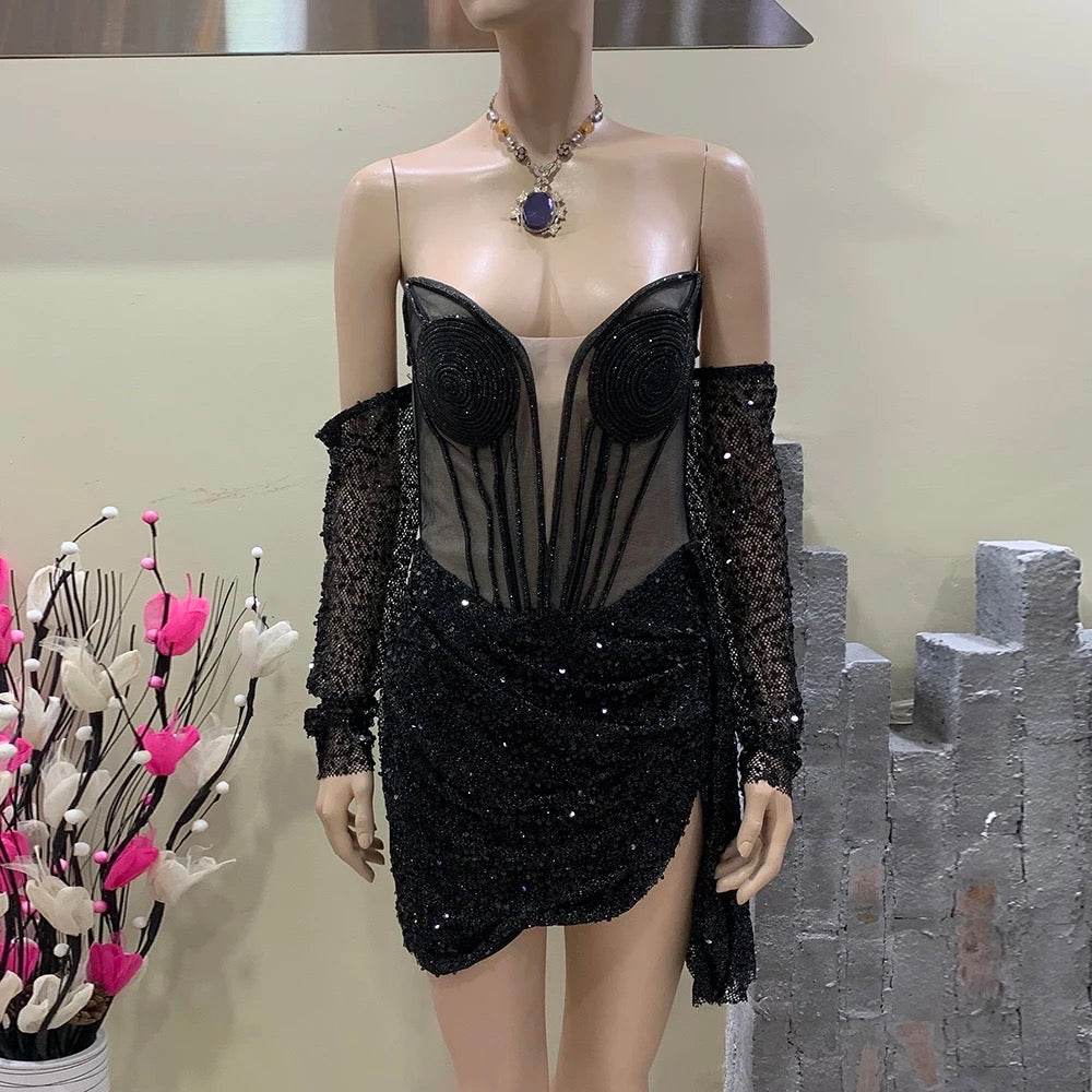 Sequins Off Shoulder Long Sleeve Tight Draped Mini Dress - REBECATHELABEL