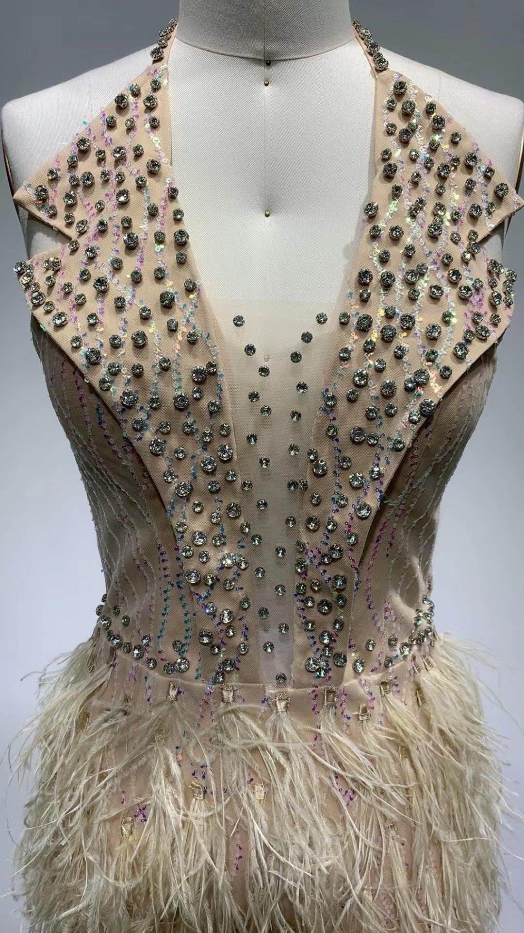 Sexy Deep V Neck Lace Feather Patchwork Dress - REBECATHELABEL