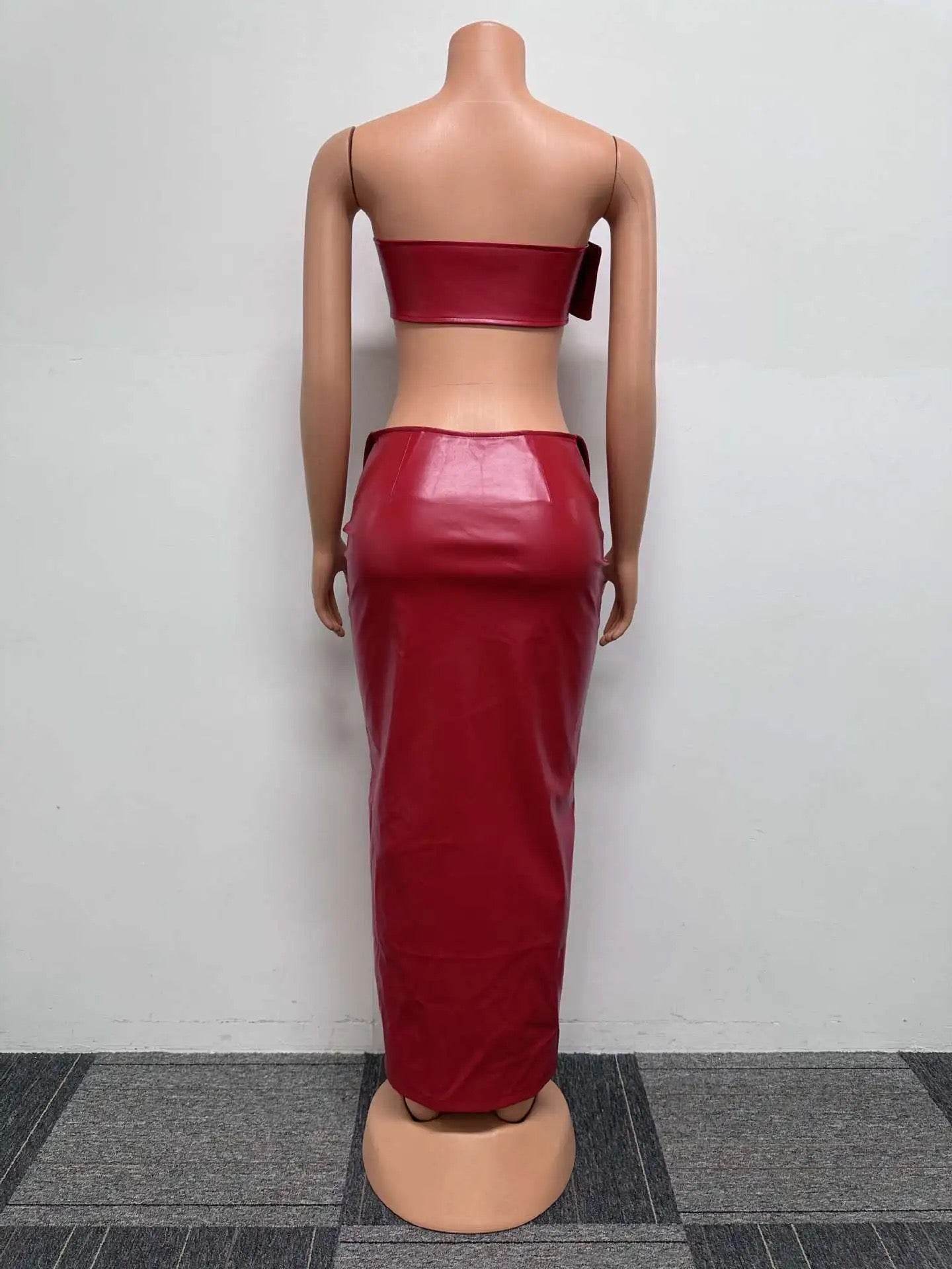 Sexy Leather Metal Buckle Skinny Hip Skirt Set - REBECATHELABEL