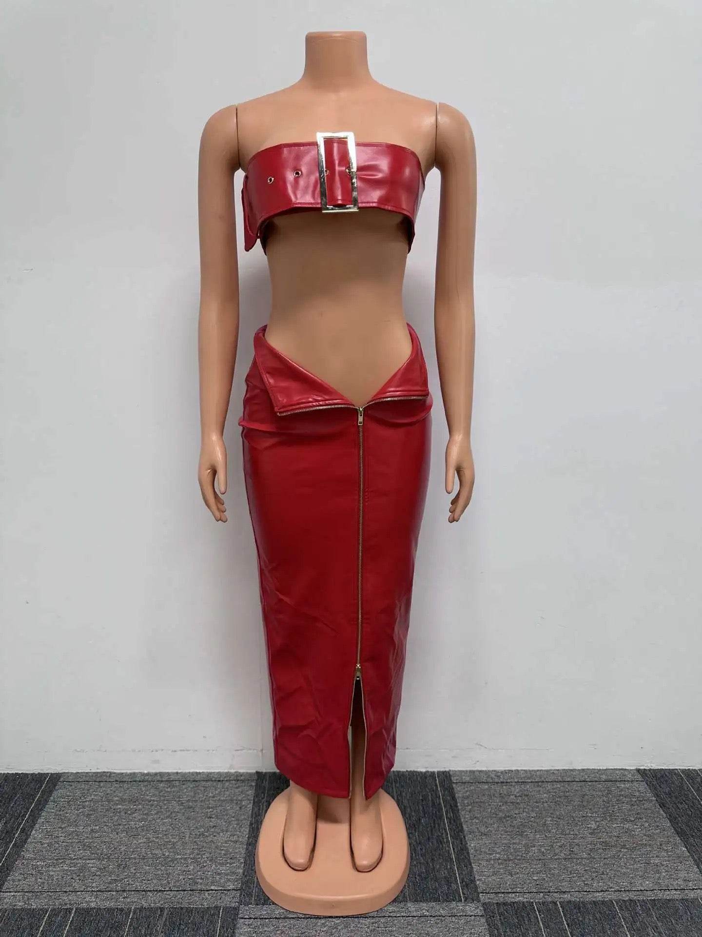 Sexy Leather Metal Buckle Skinny Hip Skirt Set - REBECATHELABEL