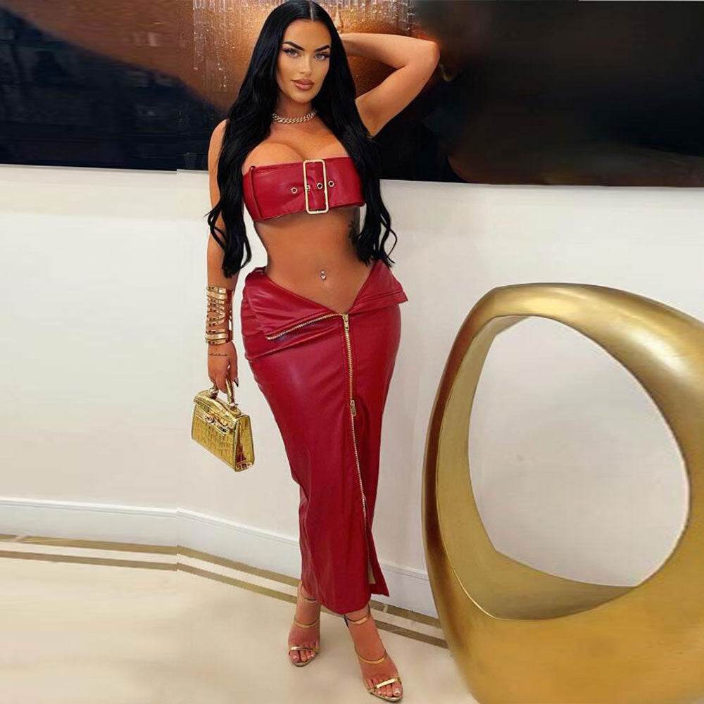 Sexy Leather Metal Buckle Skinny Hip Skirt Set - REBECATHELABEL