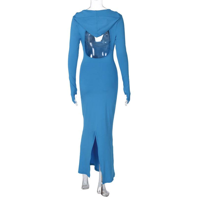 Sexy Low Cut Long Sleeve Hooded Mid Length Slit Dress - REBECATHELABEL