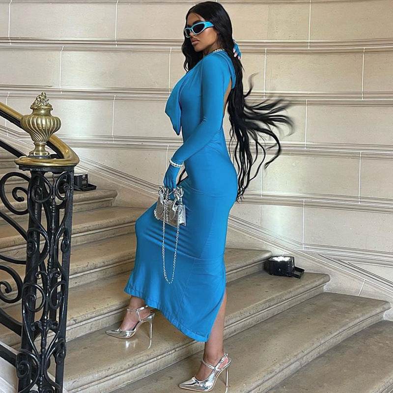 Sexy Low Cut Long Sleeve Hooded Mid Length Slit Dress - REBECATHELABEL