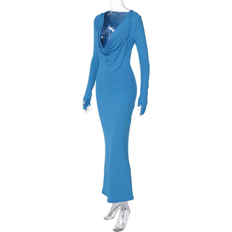 Sexy Low Cut Long Sleeve Hooded Mid Length Slit Dress - REBECATHELABEL